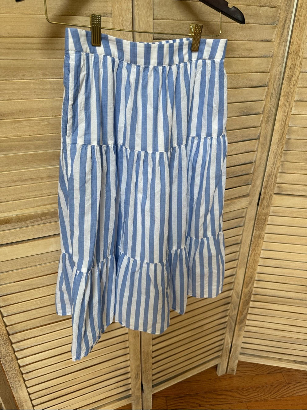 J Crew Cotton Lined Blue and White Striped Tiered Midi Skirt summer beach